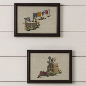 Vintage Pair Farmhouse Framed Cross-Stitch Needlepoint Rustic Art 7.75″×5.75″